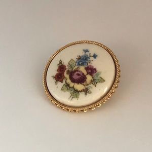 Vintage Hand Painted Ceramic Oval Floral Flowers Brooch Made In Italy